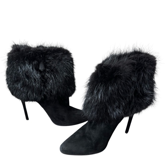 Prada Calzature Donna Camoscio Fur Trimmed Ankle Heel Boot Black (Nero) Size 40 - Picture 3 of 12